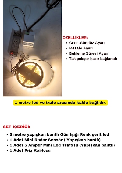 Mutfak Dolabı Radar Gizli Sensörlü Şerit Led Set / Günışığı