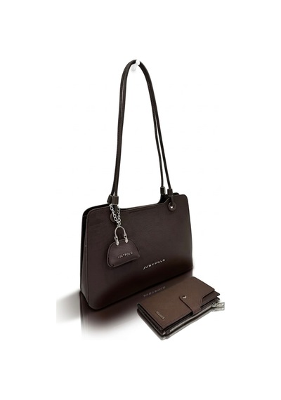 Just Polo Kadın Büyük Boy Premium Gümüş Logolu El Çantası Ve Cüzdanı Kombin Tote Bag Ebat : 22 X 34 Cm Kahverengi