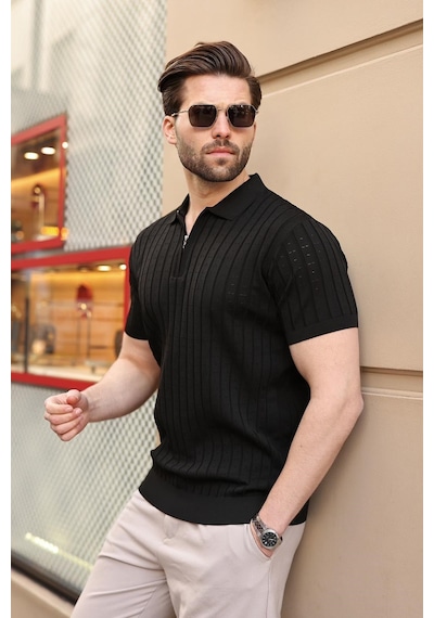Siyah Polo Yaka Slim Fit Triko Erkek Tişört E7465 Siyah