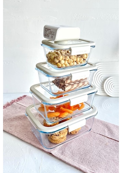 Neoflam Fika Glace Vakumlu Cam Saklama Kabı Bej 5 Parça Set Çok Renkli