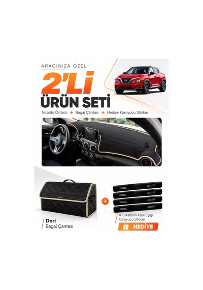 Nissan Juke 2020-2023 Uyumlu Torpido Örtüsü + Deri Bagaj Çantası + Sticker Seti - Siyah Bej