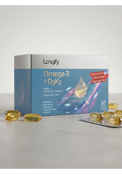 Omega 3 + D3k2, Balık Yağı, Epa, Dha, Vitamin D3, Vitamin K2 Mk7 , Vitamin E, 60 Yumuşak Kapsül