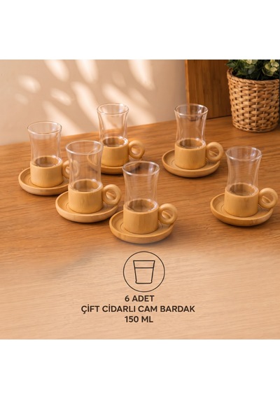 12 Parça Çay Seti - Bambu Bardak Altığı - Çift Cidarlı Cam - 150 Ml Diğer