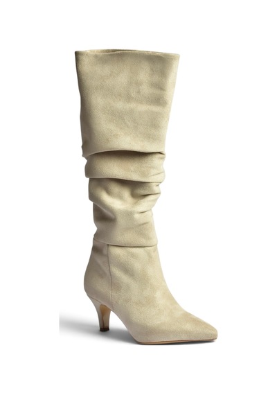 Fox Shoes Z965170402 Bej Süet İnce Topuklu Büzgülü Kadın Çizme