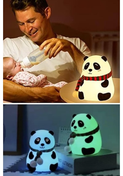 Panda Figürlü Led Gece Lambası, 5 Farklı Renk Modlu, Yumuşak Dokulu, Şarjlı, Çocuk Odası Dekora Diğer
