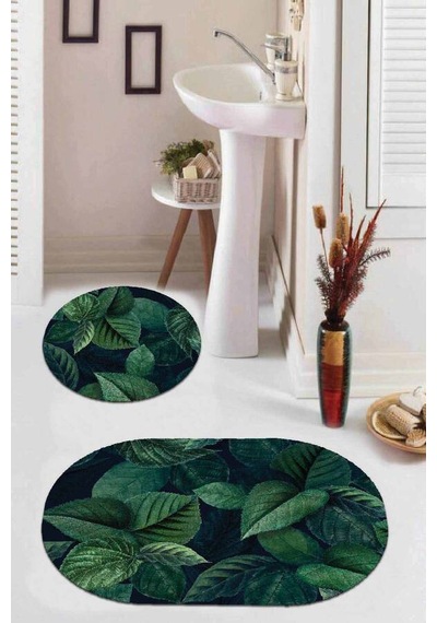 Yeşil Yaprak Temalı Oval Banyo Klozet Paspas Seti Bs087n11