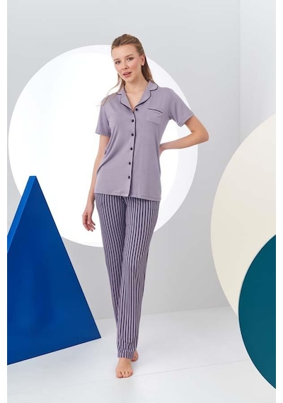 Pjs 24156 Kadın Çizgili Düğmeli Pijama Takım 001