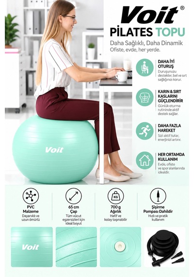 65 cm Pilates Topu Pompa Dahil Fitness ve Denge Egzersiz Topu Yeşil