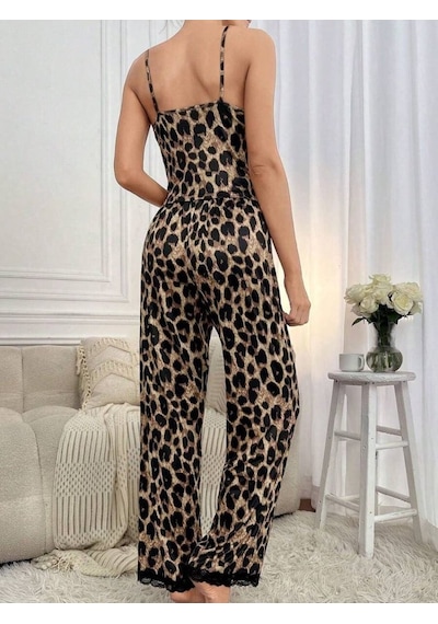 Dogutrend Kadın Ip Askılı Yakası Dantelli Bluz Ve Pijama Sandy Ikili Takım Leopar