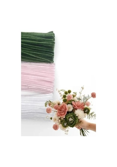 100 Adet Tüylü Tel Şönil - 30 Cm Çiçek Yapımında Kullanılabilir Set 124-Pembe