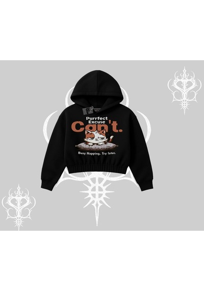 Startmore Kedi Baskılı Cant Busy Napping Y2k Kapşonlu Crop Sweatshirt Siyah