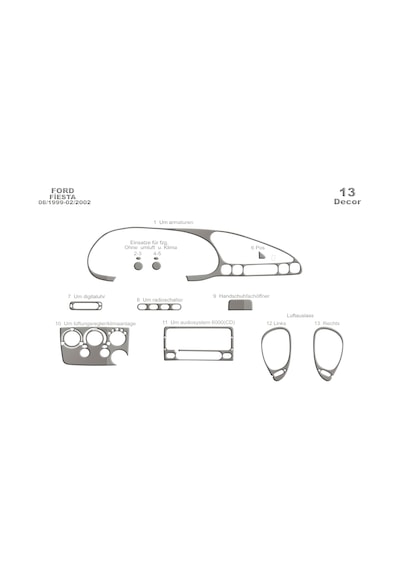 Ford Fiesta Torpido Kaplama 1999-2002 13 Parça Alüminyum
