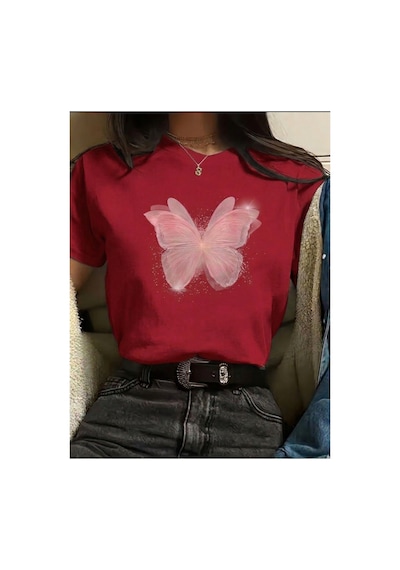 Pembe Kelebek Desenli Baskılı Kompakt T-shirt Kırmızı