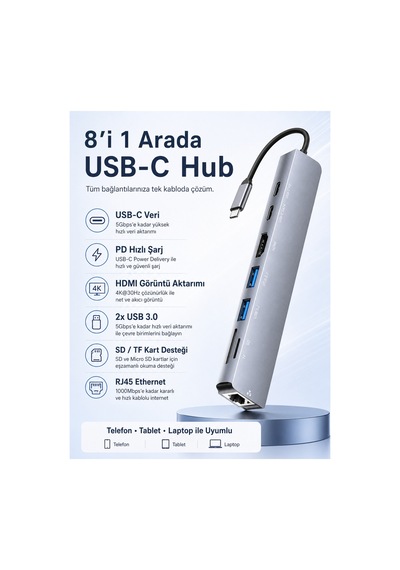 8 Portlu Usb-c Hub Çoklayıcı Adaptör 1000mbps Rj45 Kablolu İnternet, 4k 30hz Hdmı Görüntü Aktarımı, Pd Şarj, Sd/tf Kart Desteği, 5gbps Hızlı Veri Aktarımı Macbook, Notebook Ve Tablet Uyumlu