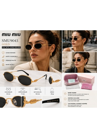 Miu Miu Smu9043 Kadın Güneş Gözlüğü Metal Çerçeve Füme Cam Made İn Italy - Gold