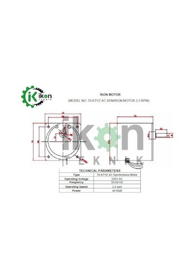 İkon Teknik AC SENKRON MOTOR 70 KTYZ 40 Watt 2.5 RPM 220 Volt