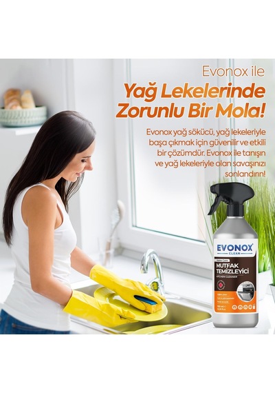 Evonox Clean Ultra Güçlü Mutfak Yüzey Temizleyici Ve Yağ Sökücü - Limon Kokulu Sprey 750 Ml 10'lu Set