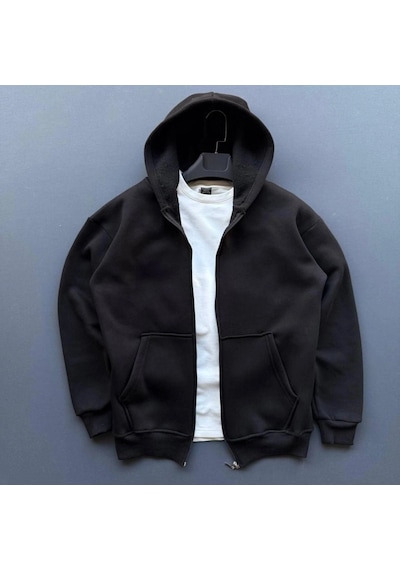 Freedom Storee Kadın 3 İplik Şardonlu Tam Fermuarlı Kapüşonlu Arka Çanta Detaylı Sweatshirt - Siyah Çok Renkli