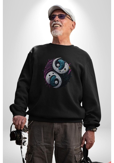 Renkli Yin İle Yang Kuramı Unisex Siyah Baskılı Sweatshirt Siyah