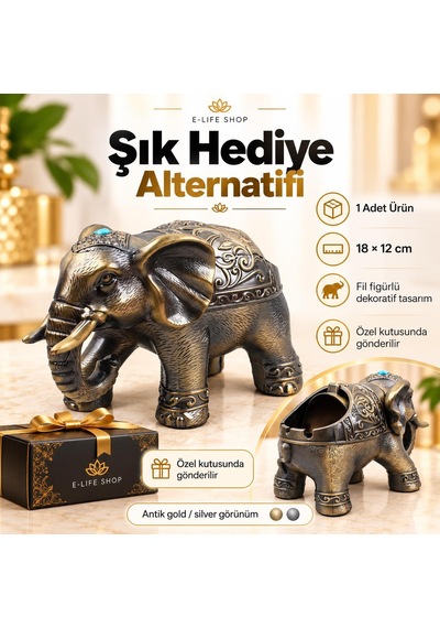Lüks Alaşım Metal Fil Figürlü Kapaklı Dekoratif Küllük Ve Takı Saklama Kutusu Metal Biblo 18 X 12 Cm 85349586