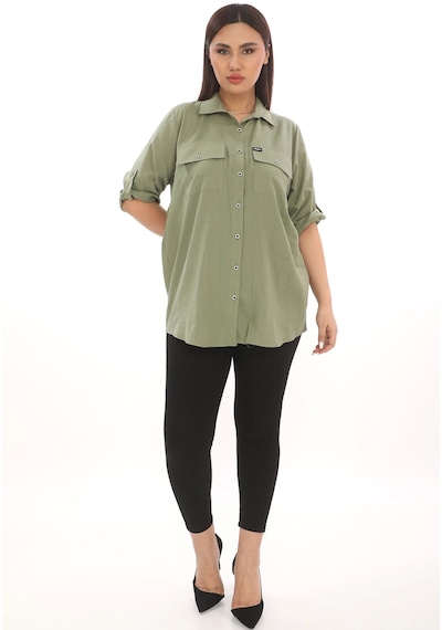 Lady Majestic %100 Cotton Büyük Beden Natural Gömlek - Haki
