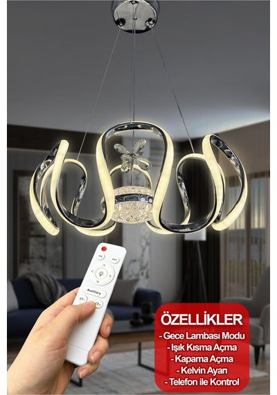 Eliza Tek Toplu Modern Yüksek Işık Gücü Ithal 3 Renk Kumandalı Led Avize Krom Kumandalı