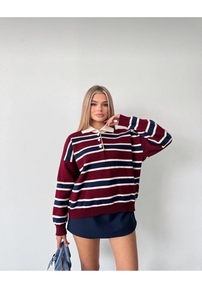 Kadın Çizgili Polo Yaka Oversize Triko Kazak Bordo