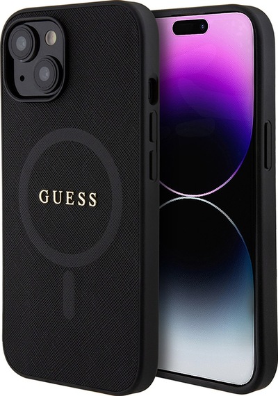 Apple Uyumlu iPhone 14 Kılıf Guess Lisanslı Magsafe Şarj Özellikli Yazı Logolu Saffiano Classic Kapak Siyah