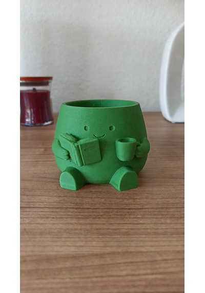 3d Baskı Kitap Okuyan Saksı - Kupa Tutan Sevimli Saksı-yeşil