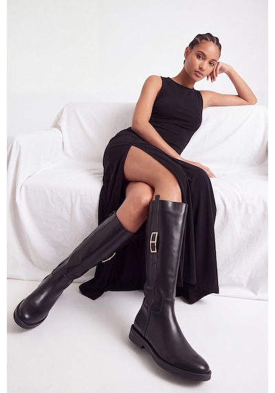 Luvi Shoes Morley Siyah Cilt Tokalı Kadın Binici Çizme