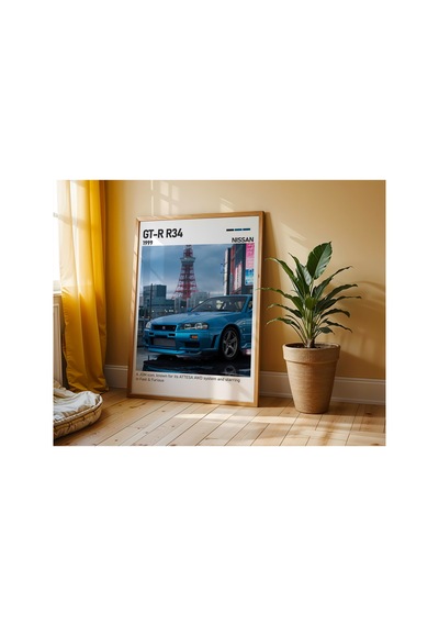 Nissan R34 Gt R Ahşap Çerçeveli Poster Tablo Skyline Ikonik Tasarım Ahşap 01
