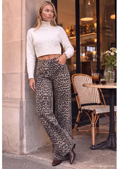 Kadın Leopar 1w6-26 Palazzo Fit Özel Desen Denim Jean