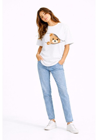 Fermuarlı Ayıcık Baskılı Kadın Tişört Oversize Sevimli Teddy Bear Beyaz