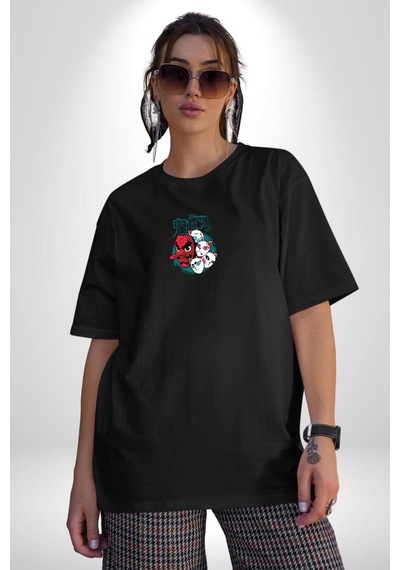 Japon Anime Tengu Maske Siyah Oversize Unisex Ön Orta Minimal Baskılı Tişört Siyah