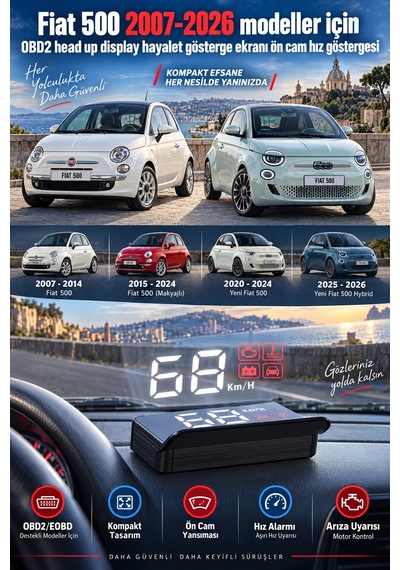 Fiat 500 2007-2026 Modeller İçin Obd2 Head Up Display Hayalet Gösterge Ekranı Ön Cam Hız Göstergesi