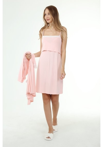 Luvmabelly Myra9650 Sabahlıklı Önden Bölmeli Dantelli Emzirme Geceliği -pembe-pembe