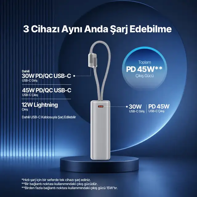 2bb281g Ttec Recharger Pro Max Tft 20.000mah Pd 45w Usb-c Ve Lightning Dahili Kablolu Taşınabilir Hızlı Şarj Aleti / Powerbank 2bb281 Gümüş