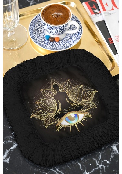 Lotus Meditasyon Saçaklı Sunum Peçetesi - Mistik Göz Harman Bohem Siyah Bardak Altlığı Mendil Çok Renkli