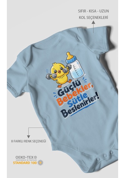 Morivokids Güçlü Bebekler Sütle Beslenir Kısa Kollu Bebek Body %100 Pamuk Bebe Mavisi