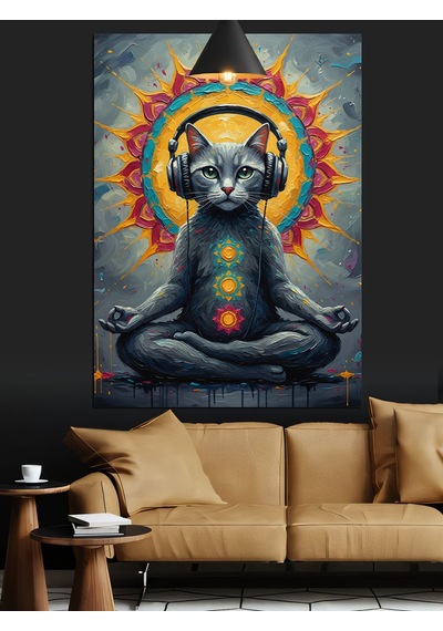 Meditasyon Yapan Kulaklıklı Kedi Dekoratif Kanvas - Mdf Ahşap Tablo