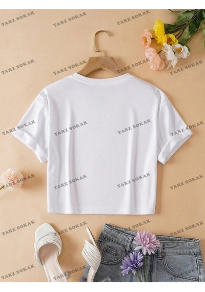Startmore Crop Ckod-232913 Kalpli Ve Sloganlı Grafik Beyaz