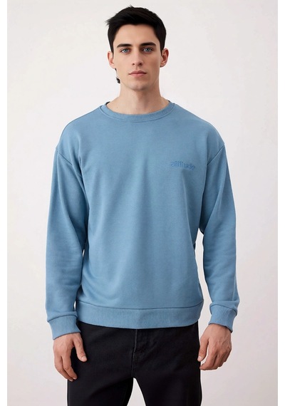 Benerly Erkek Bisiklet Yaka Düşük Kol Oversize Slogan Nakışlı Diagonal Sw Indigo