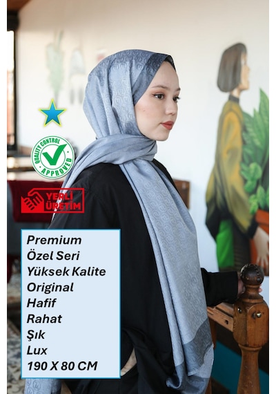 Premium Lux Original Monogram Şal İpek Vual, Yüksek Kalite, Hafif, Rahat, Şık, Tesettür, Shawl Gri & Koyu Gri