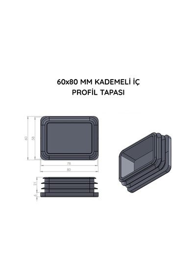 Cateksss 60x80 Mm Profil İçin Kademeli İçe Geçme Profil Tapası, Profil Kapak, Profil Tapa Siyah - 35 Li Paket