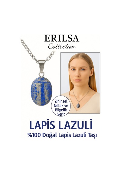 Erilsa Sertifikalı Oval Lapis Lazuli Taşı Doğal Taş Kolye Gümüş Aparatlı Çok Renkli