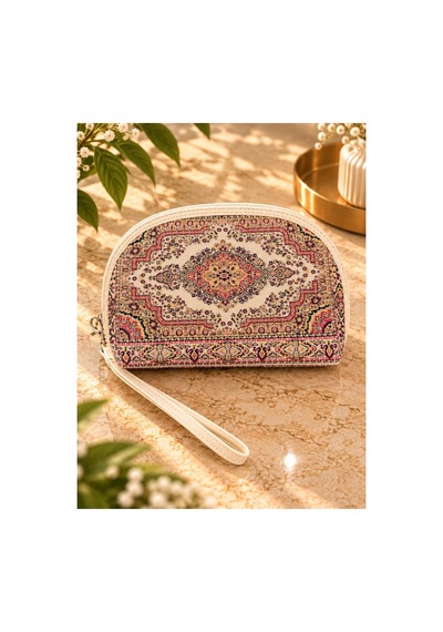 Badufa Home Desenli Fermuarlı Çok Amaçlı 3 Boy Mini Çanta -simli Bej-pembe Bej-pembe