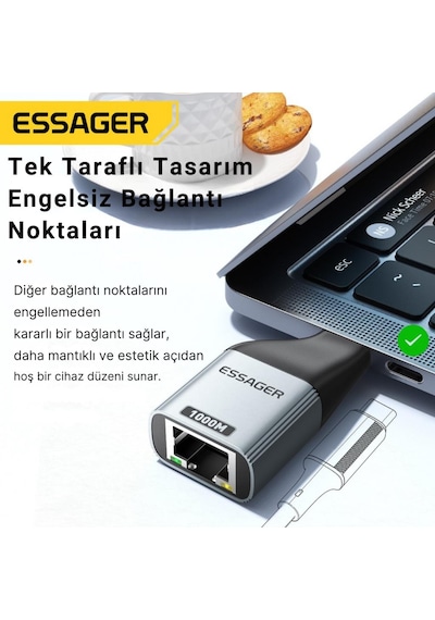 Essager 1000mbps Type-c To Rj45 Dönüştürücü, Gecikmesiz Süper Hızlı Type C To Ethernet Çevirici