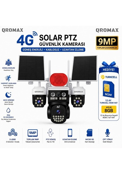 9mp Çift Panelli 3 Lensli 4g Sım Kartlı Solar Ptz Güvenlik Kamerası + 12 Ay Turkcell Hat  4g Qr S3