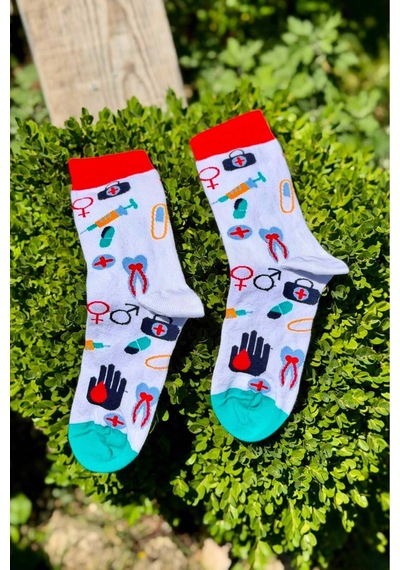 Lousocks Unisex Doktor Hemşire Medikal Desenli Beyaz Soket Çorap