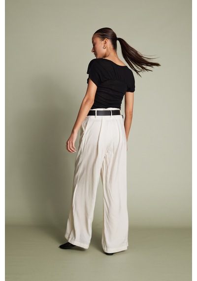 Kemerli Pilili Pantolon Ekru